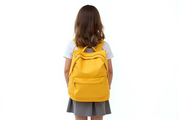 back view of cute girl in school uniform with big yellow backpack posing over white background.