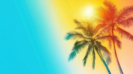 Obraz premium A vibrant sunset with colorful skies featuring silhouettes of palm trees evokes a tropical paradise atmosphere.