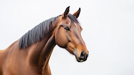 Obraz premium Portrait of a bay horse, soft light, white background, showcasing elegance and calm presence. 