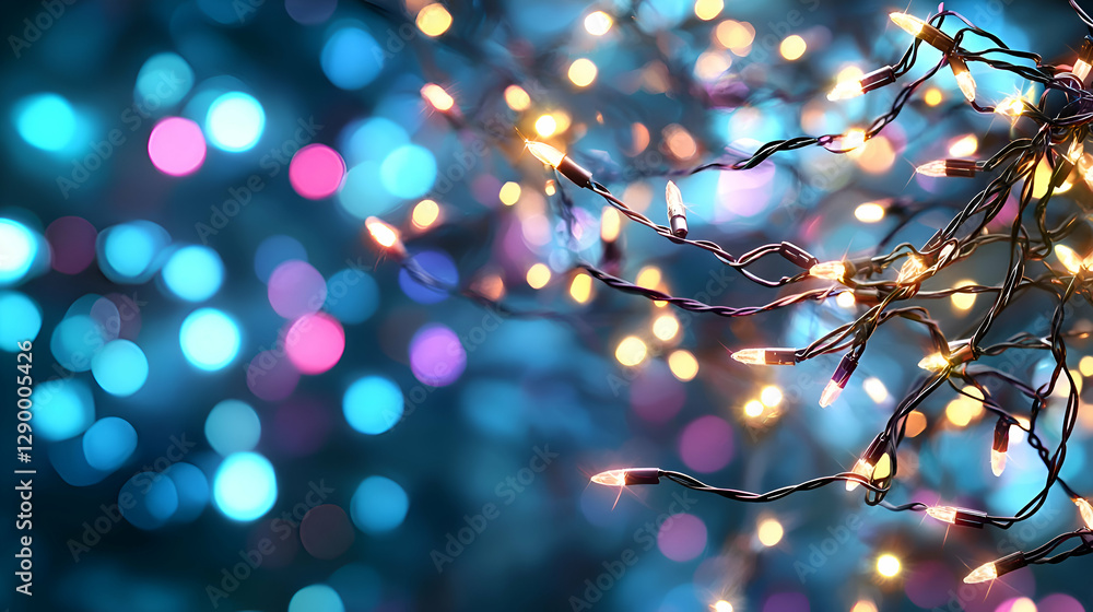 Poster glowing string lights with colorful bokeh on dark blue background