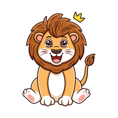 Cute king lion with sitting pose. Vector cartoon illustration isolated on white background