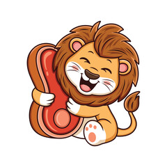 Cute cartoon lion huge with meat. Vector mascot illustration isolated on white background