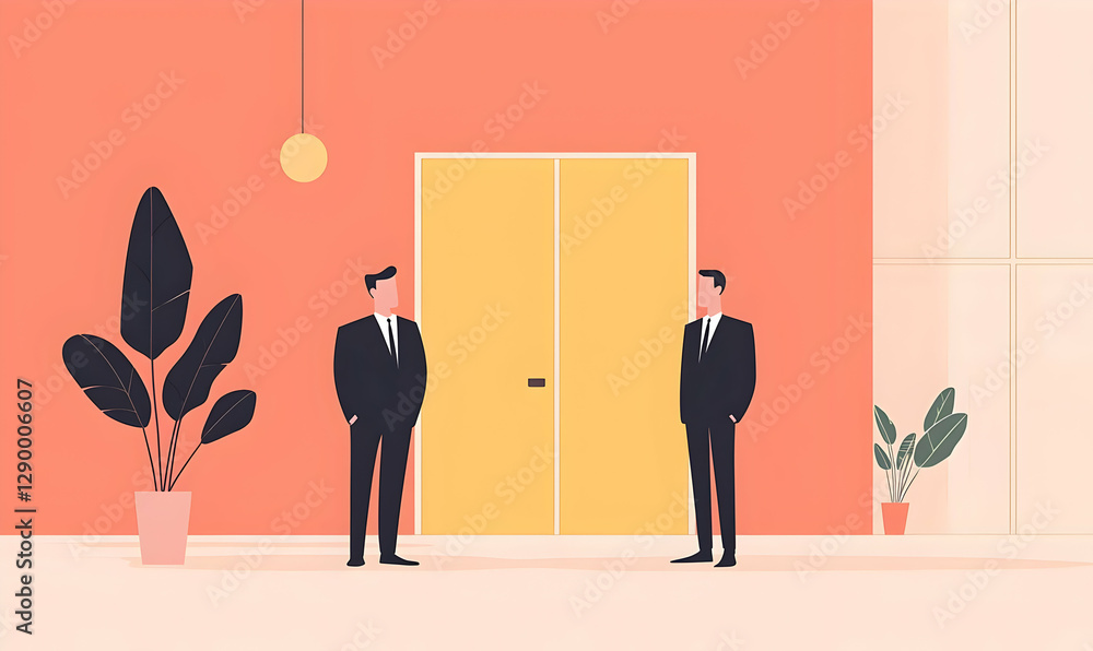 Poster modern office scene featuring a sales manager presenting flat vector artwork, showcasing a collabora