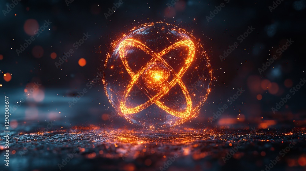 Poster atom with vibrant orange pathways circling a central nucleus depicted on a dark backdrop