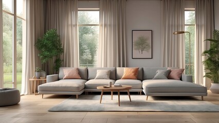 A contemporary living room featuring a minimalist brown sofa with two cushions and a plaid throw blanket draped over one arm.