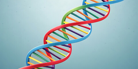 Spiral of coorful DNA double helix with light bokeh and bubble on beautiful blue background.