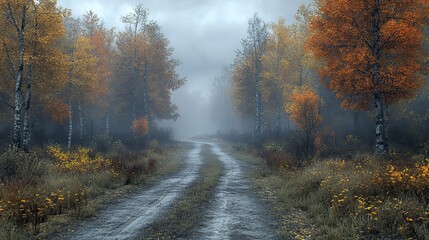autumn road in the foggy forest 3d rendering