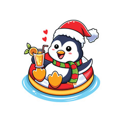 Cute penguin chill on swimming tires with orange juice cartoon. Vector icon illustration isolated on white background
