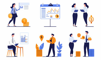 Business Expense Tracking Illustrations, flat vector designs showcasing organized budgeting, expense management tools, efficient financial tracking systems