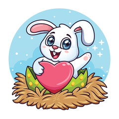 Cute rabbit hug heart isolated on white background. It can be used for printing, textiles, web design. Vector illustration