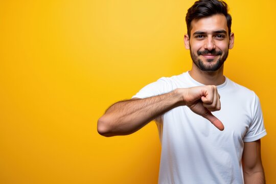 A smiling young Middle-Eastern man in a white t-shirt making a thumbs-down gesture against a vibrant yellow background, conveying a playful contradiction of positivity and negativity.