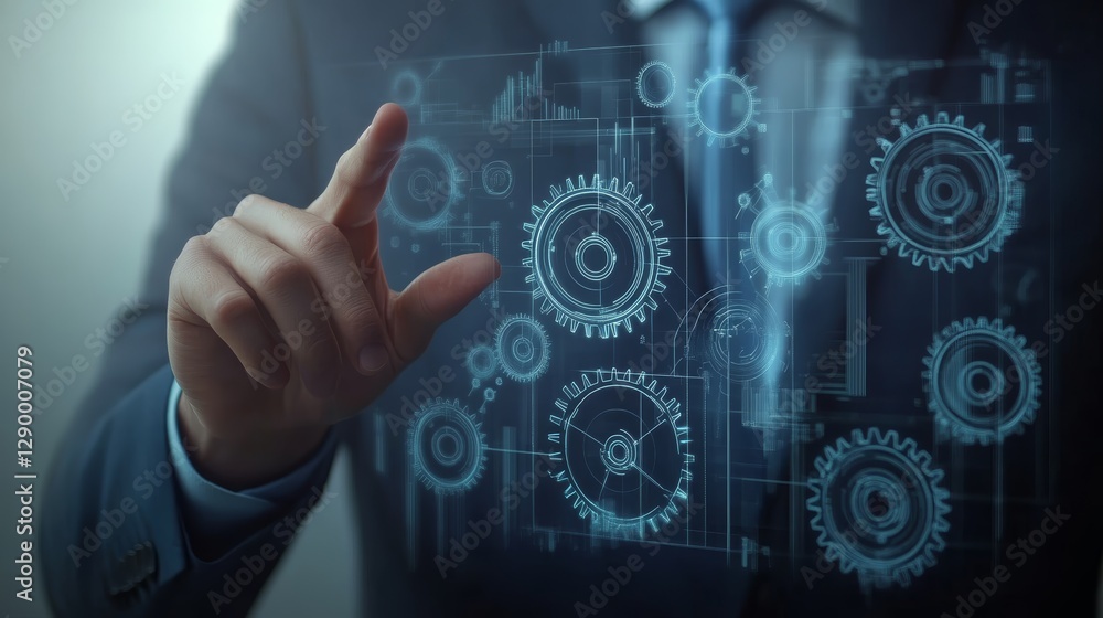Poster a businessman interacts with a digital interface featuring gears and technical elements, symbolizing