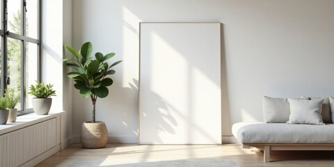 Sunlight illuminates a minimalist living room with a large blank canvas, potted plants, and a light-colored sofa