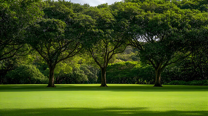 Fototapeta premium Lush Green Trees and Grassy Meadow in a Sunny Park