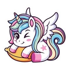 A cute unicorn. A hand drawn pony with pillow isolated on white background. It can be used for printing, textiles, web design. Vector illustration