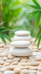 A serene Zen garden with white stones and swaying bamboo leaves. Perfect for mobile wallpapers or feed posts. Calm, minimalist, and tranquil