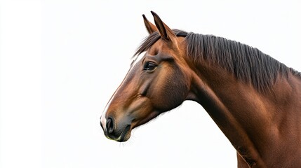 Obraz premium Portrait of a bay horse, soft light, white background, showcasing elegance and calm presence. 