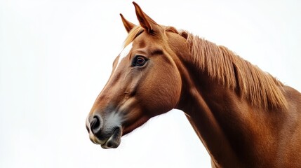 Fototapeta premium Portrait of a bay horse, soft light, white background, showcasing elegance and calm presence. 