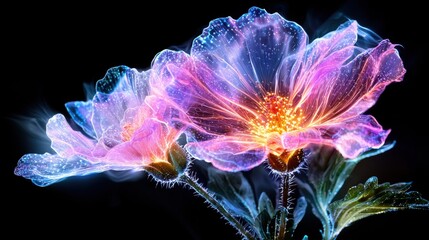 Obraz premium Mesmerizing abstract image of a colorful and luminous flower with delicate glowing petals that seem to radiate an otherworldly energy in a dramatic darkened studio setting The vibrant