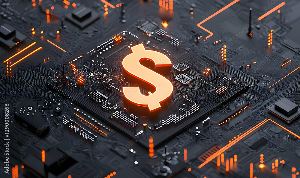 Poster illuminated currency symbol with vibrant digital patterns, a striking blend of abstract shapes and l