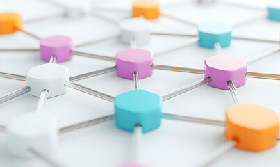 Fototapeta premium Colorful hexagonal data points intersecting in a dynamic graph, representing complex relationships and trends in data analysis.