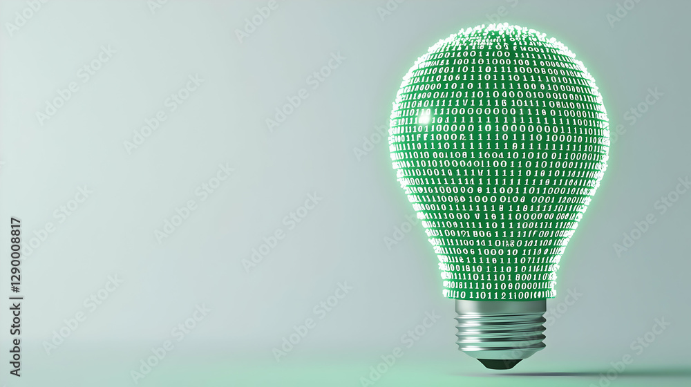 Poster green binary code shaping a lightbulb against a white background, symbolizing innovation and technol