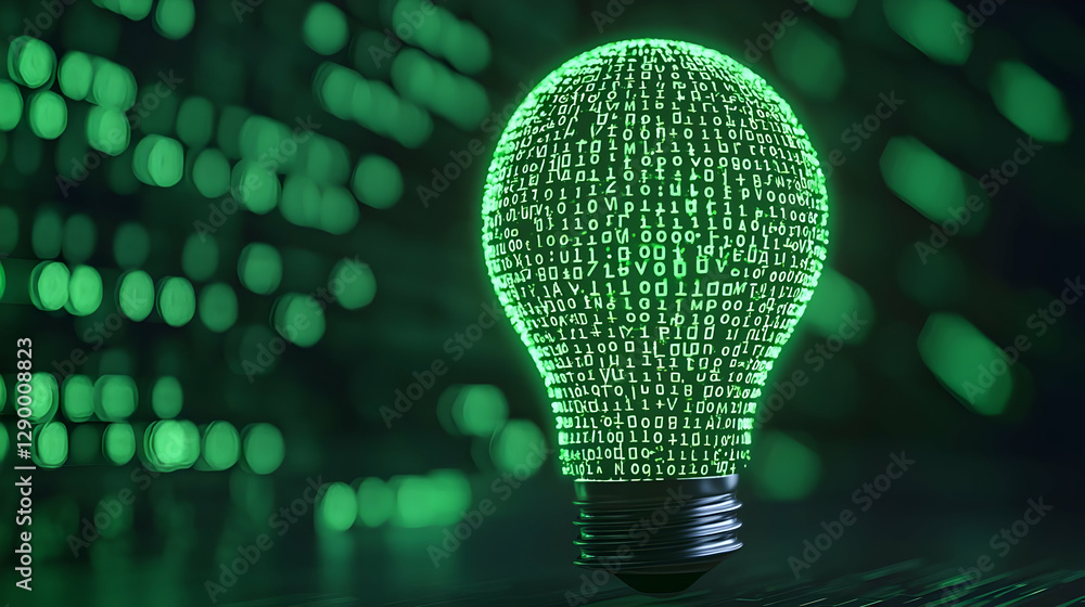 Poster green binary code illuminating a lightbulb on a white background, symbolizing innovation and technol