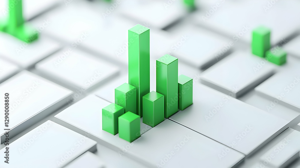 Poster green graph bars display statistics on white panels, illustrating data trends and performance metric