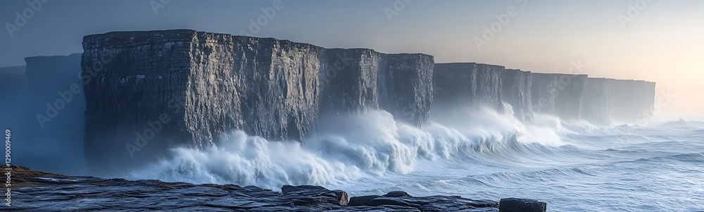 Aufkleber misty seascape with rocky cliffs and crashing waves under a soft blue light.