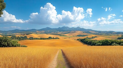 beautiful panoramic landscape of golden hills under blue sky
