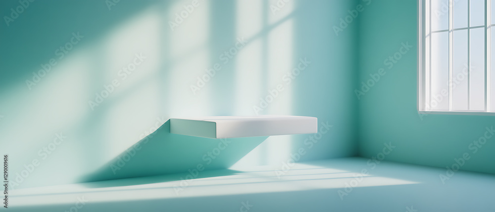 Poster minimalist floating shelf display modern interior room digital art soft lighting perspective view in