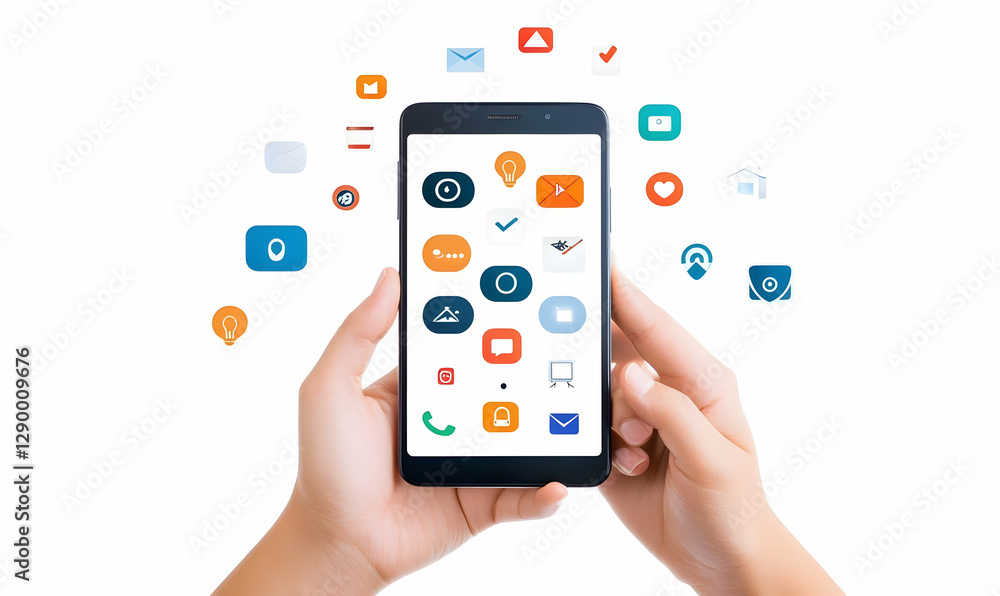 Poster smartphone displaying spam notifications, a hand grips a phone showcasing intrusive spam icons again