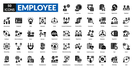Employee glyph icon collection set. Includes team, staff, worker, personnel, colleague, manager, intern, supervisor, leader, recruiter, professional, assistant, administrator, associate, consultant