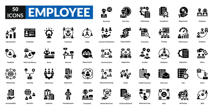 Employee glyph icon collection set. Includes team, staff, worker, personnel, colleague, manager, intern, supervisor, leader, recruiter, professional, assistant, administrator, associate, consultant