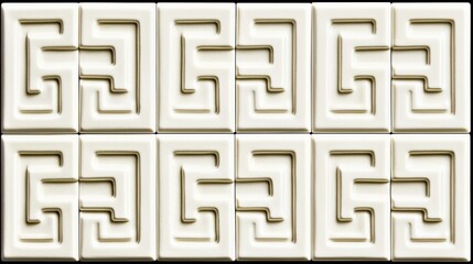 Hyper-detailed gold-infused white porcelain tiles arranged in a classic Greek-inspired pattern exuding an air of ancient elegance