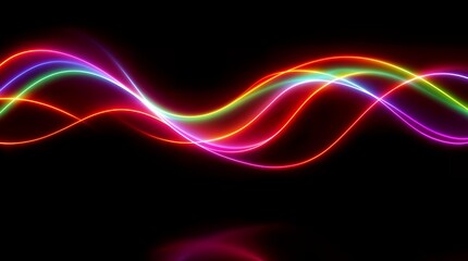 Curved neon light trails glow against a black background, forming a vibrant abstract visual for creative designs.