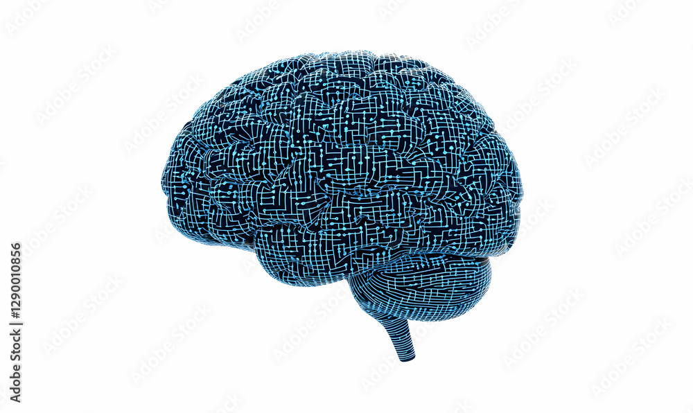 Poster digital brain visualization, intricate wireframe representation of the human brain, showcasing neura