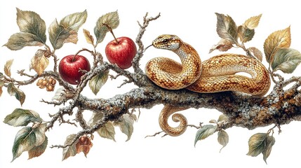 bible old testament creation genesis the original sin the forbidden fruit snake and apple on tree branch