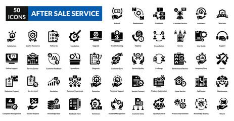 After sale service glyph icon collection set. Includes warranty, support, repair, maintenance, feedback, care, upgrade, return, exchange, satisfaction, hotline, assistance, replacement, guarantee