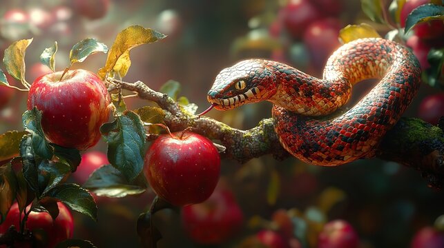 bible old testament creation genesis the original sin the forbidden fruit snake and apple on tree branch in the garden of eden