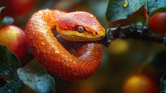 bible old testament creation genesis the original sin the forbidden fruit snake and apple on tree branch in the garden of eden