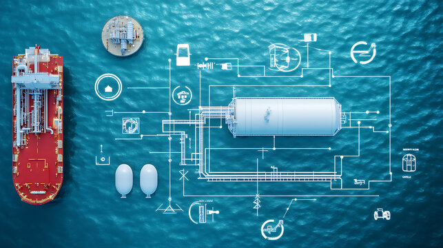 Shipping industry innovations ocean waters infographic maritime environment aerial view technology trends