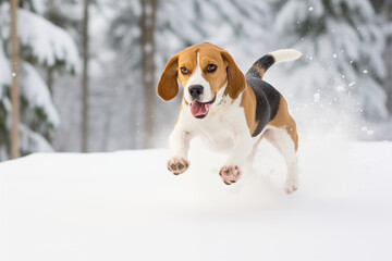 Playful Beagle Enjoying Winter Wonderland Scenery
