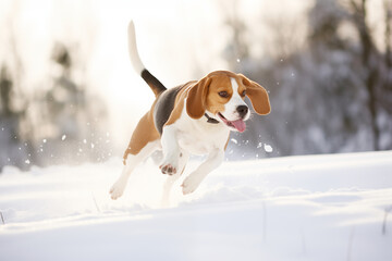 Beagle Playing in Fresh Snow with Snowflakes on Nose