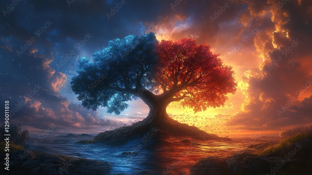 Poster bible old testament creation genesis the tree of life and the the tree of knowledge of good and evil under dramatic sky digital illustration