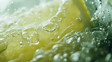 A close up of a lemon slice in sparkling water