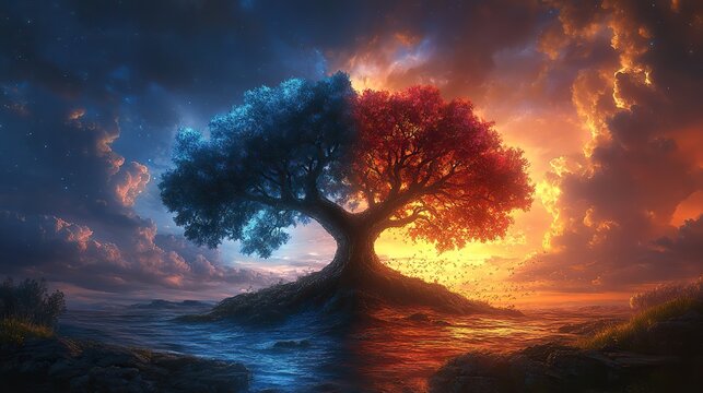bible old testament creation genesis the tree of life and the the tree of knowledge of good and evil under dramatic sky digital illustration