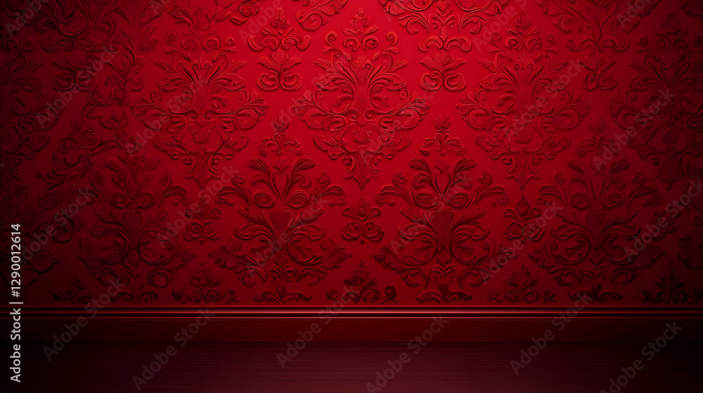 Poster elegant red backdrop adorned with intricate damask patterns, exuding a sense of luxury and sophistic