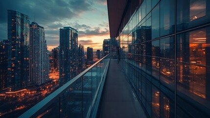 Fototapeta premium City Skyline View From High Rise Balcony at Dusk with Lights