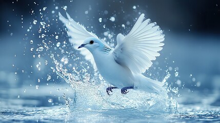 blue dove with water splash isolated on blue background